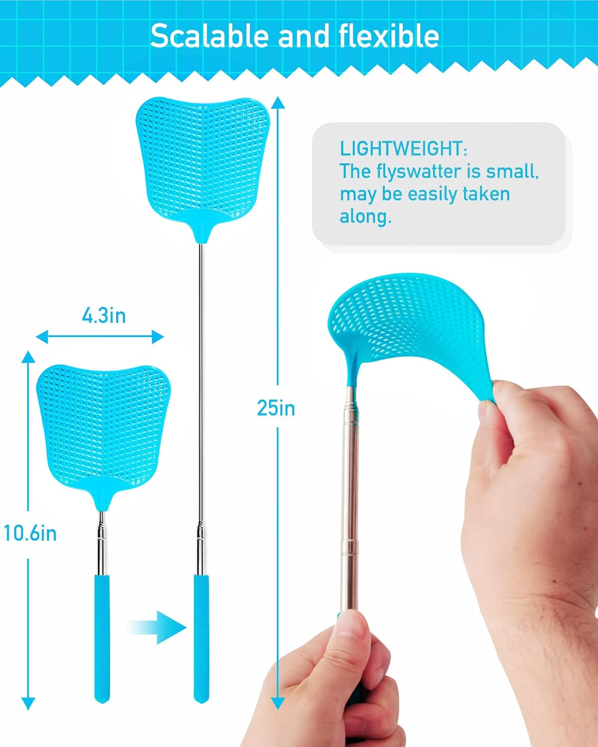 Wapodeai 2 Pack Fly Swatters Heavy Duty Set, Telescopic Fly Swatter, Stainless Steel Handle for Flyswatter (Blue) image number 2
