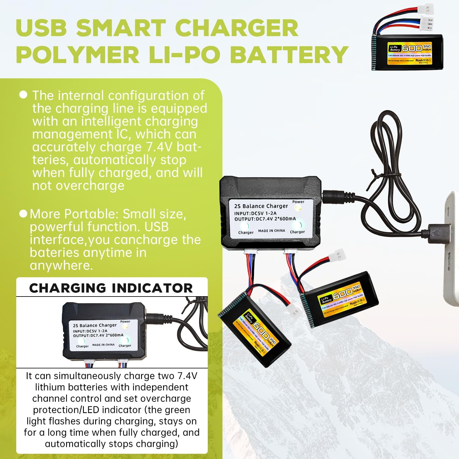 Fytoo 2PC 7.4V 600Mah 35C 2S Lipo Battery with Molex Plug and 1Trailer2 Charger Suitable for FMS FCX24 RC Cars, Trucks, Remote Control Electric Climbing Vehicles FCX24 Batteries image number 4