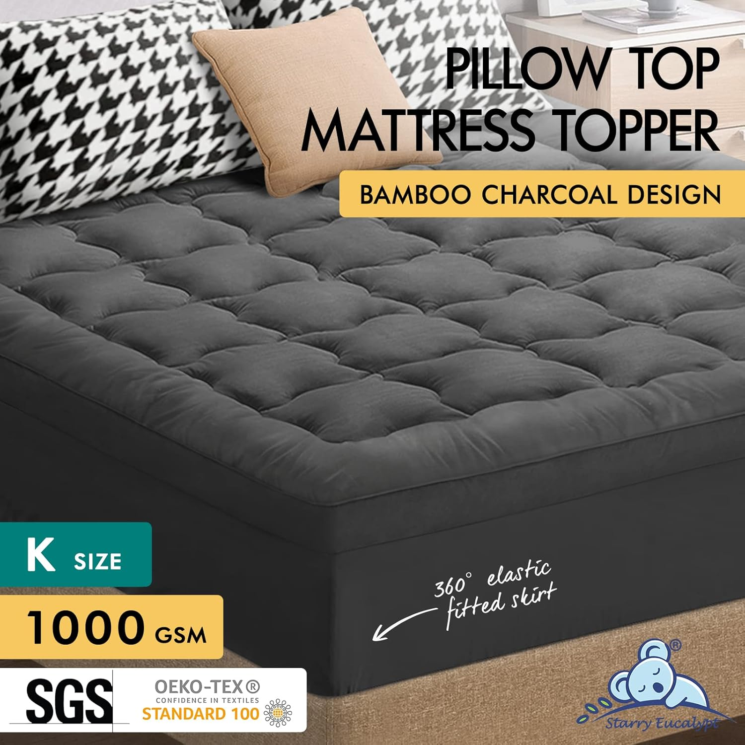 STARRY EUCALYPT King Size Pillow Top Mattress Topper 7Cm Thick with 1000 GSM Microfibre Filling, Fabric Cover Beddings Bed Mat Padding,Grey