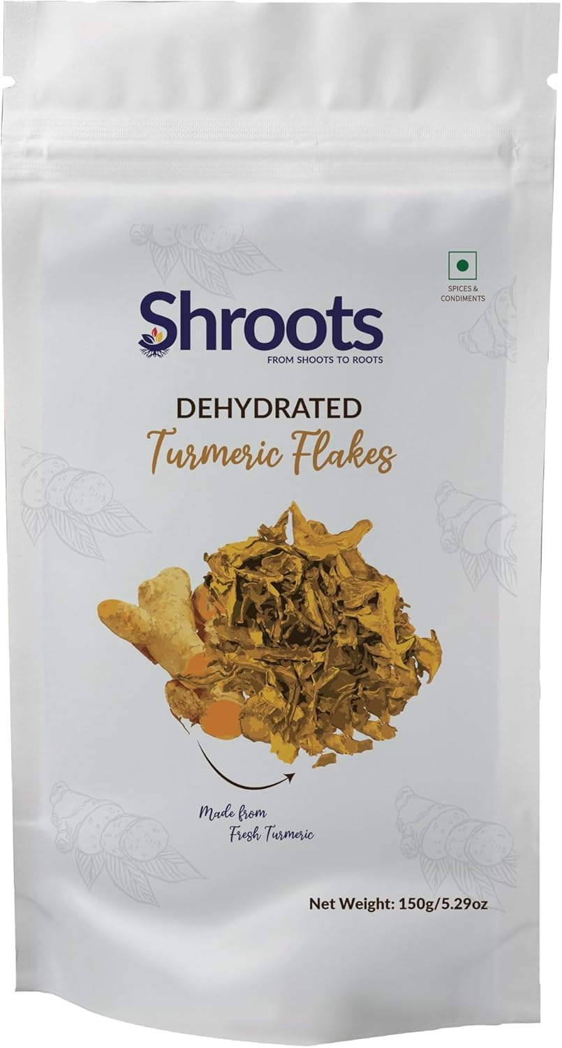 SHROOTS Dehydrated Turmeric Flakes Pure Vegetarian Gluten-Free No Added Salt Easy Cooking Essential Machine Dried Vegetables with Natural Aroma Ideal for Camping or Everyday Meals 1.59 Oz, Pack of 1 - 150G
