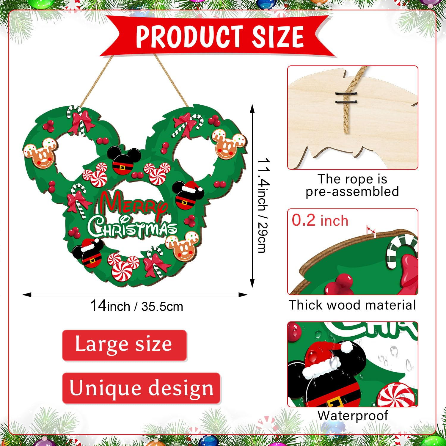 Christmas Mouse Door Sign Decorations, Merry Christmas Wooden Door Hanging Sign Wreath Ornaments for Front Door Decor Peppermint Candy Mouse Shaped Winter Wall Xmas Party Holiday Supplies Green image number 2