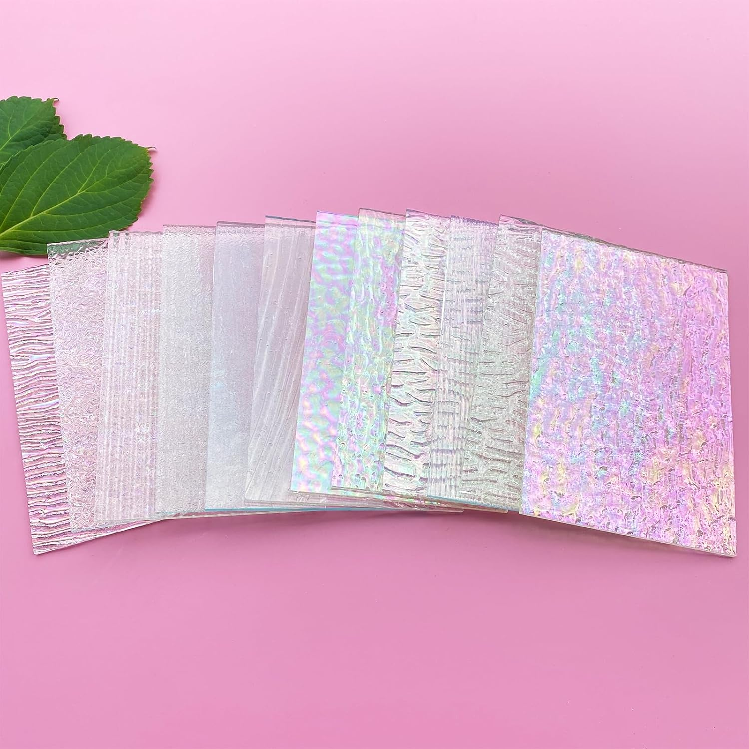 ILLUCKAI 12 Sheets Clear Textured Stained Glass Sheet, 4 X 6 Inch Rainbow Iridescent Cathedral Art Glass Variety Textures, Stained Glass Supplies for Stained Glass Projects and Mosaic Crafts image number 1
