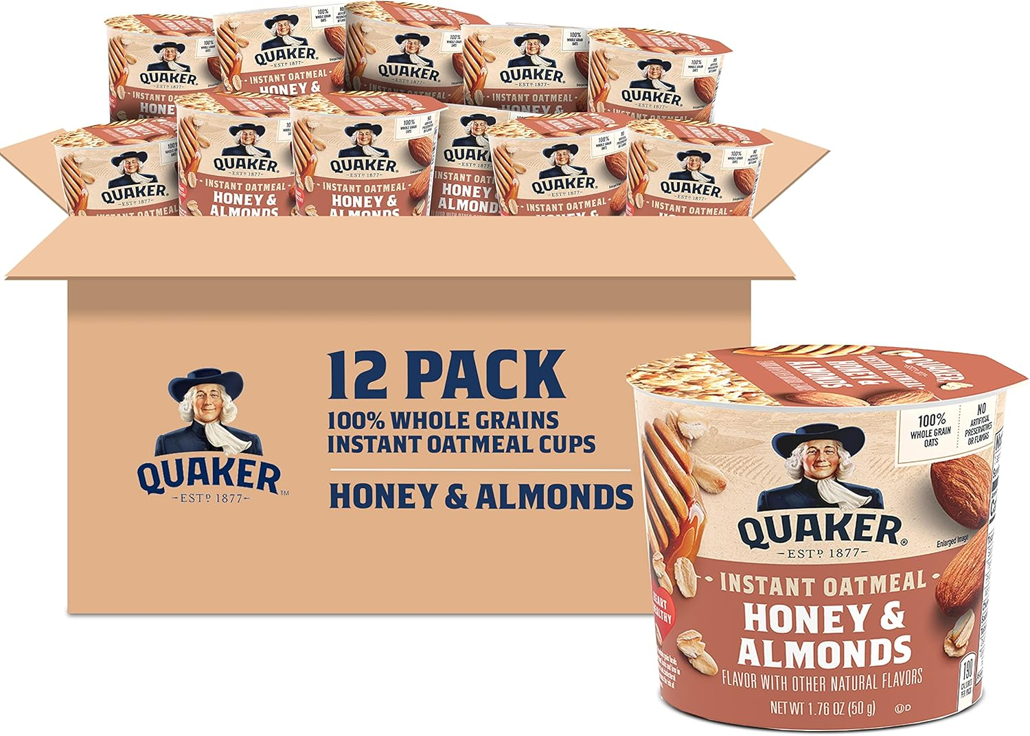 Quaker Instant Oatmeal Instant Oats Express Cups, Honey & Almonds, Breakfast Cereal, Individual Cups, 1.76 Oz Cups (Pack of 12) image number 1