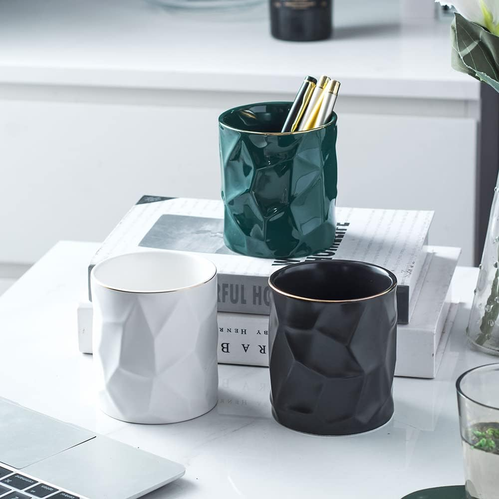 YOSCO Ceramic Irregular round Pen Holder for Desk Cute Stand Gold Line Aesthetic Pencil Cup Pot Desk Organizer for Men Women Makeup Brush Holder (Black)
