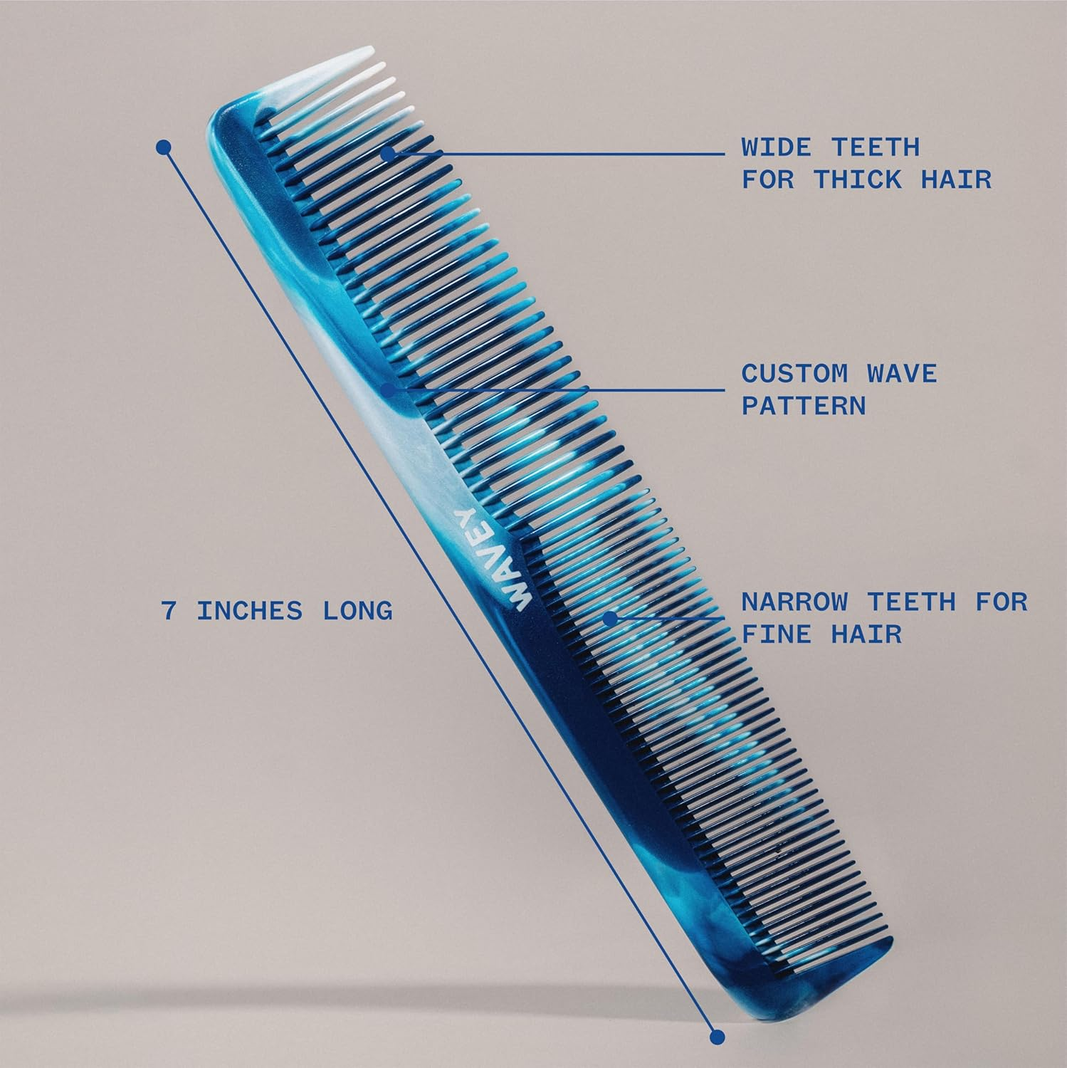 WAVEY Quality Hair Comb for Men and Women, Recycled Ocean Plastic, 7 Inches Length Perfect for Home and Travel, Wide and Fine Tooth for Thick, Thin, Wavy, Straight and Curly Hair Styling - BLUE - Blue image number 6