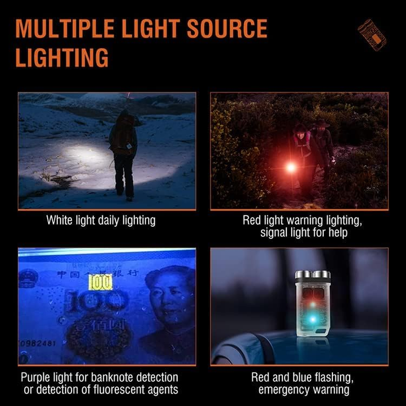 Vortex V3-White EDC Flashlight with Red UV Blue Light Emergency Signals Fluorescent Powerful 900Lm Rechargeable Mini Pocket LED Keychain Flashlight 10 Modes Usb-Type C IP65 Waterproof Magnetic End image number 3