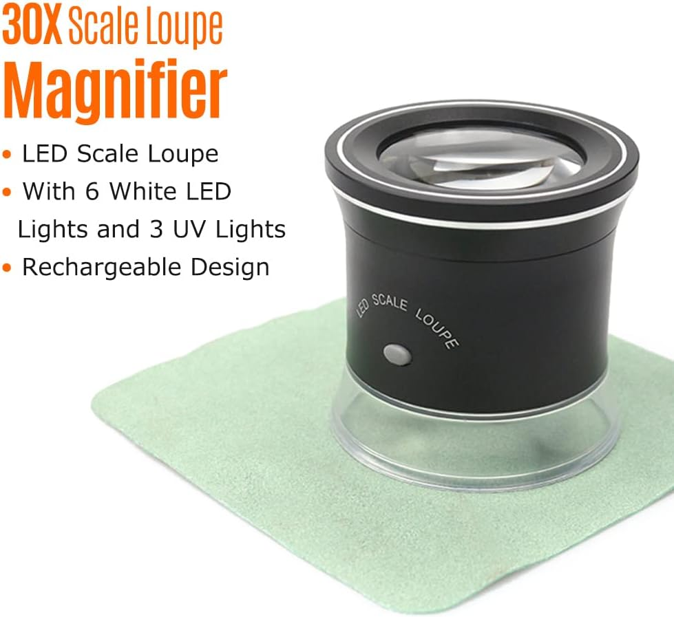 30X LED Scale Loupe Illuminated Magnifier with 6 White 3 UV Lights Rechargeable Magnifying Glass Interchangeable Reticle Scale for PCB Jewelry Coin Stamp Antique Textile Painting, with Zipper Bag image number 6