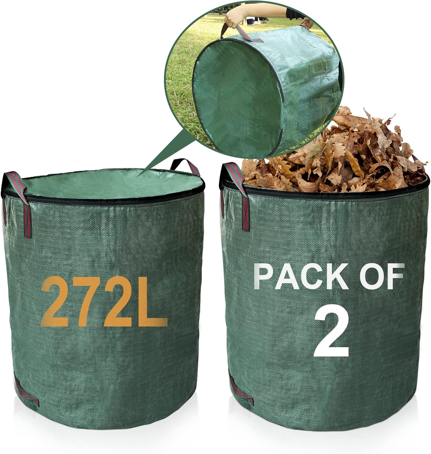 Large Garden Waste Bags with Lid and Zipper, 272 L Waterproof Heavy Duty Garden Leaf Waste Sacks with Handles,Foldable and Reusable ,Green, 2 PACK