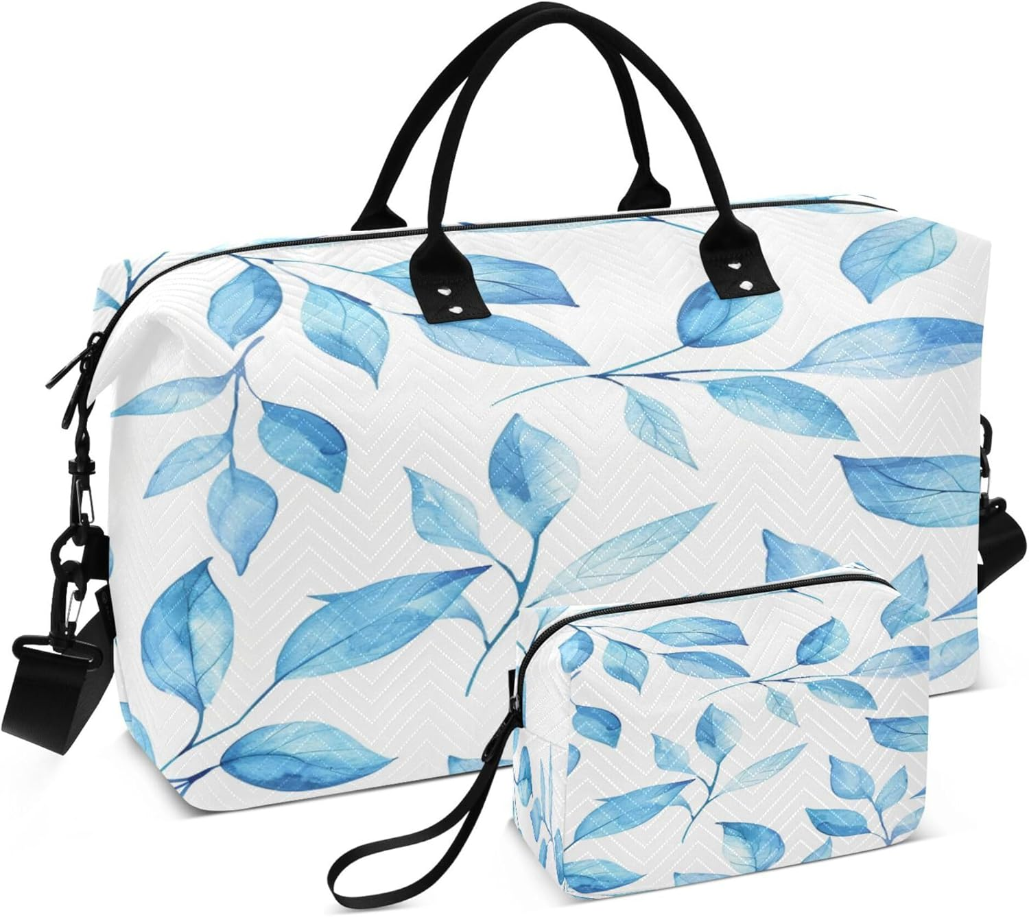 Overnight Travel Duffel Bag Travel Tote Gym Bag Carry on Tote Bag with Toiletry Bag for Gym Waterproof Watercolor Light Blue Leaves, Multi, 1 Size, Modern/Fitted, Multi, 1 Size, Modern/Fitted