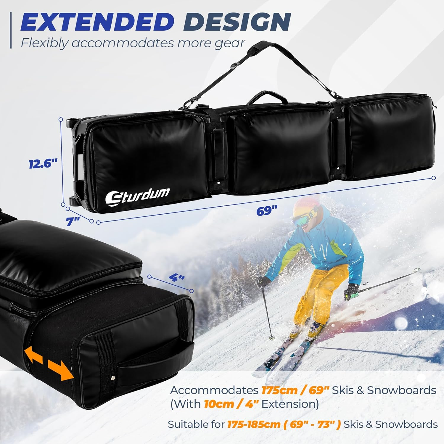 Sturdum Ski Bag with Wheels, Rolling Snowboard Bag for Air Travel, Extendable 155-185CM Wheeled Ski Bag All-Round Padded Protection, for Snowboard, Double Skis, Boots, Helmet, Ski Gear image number 6