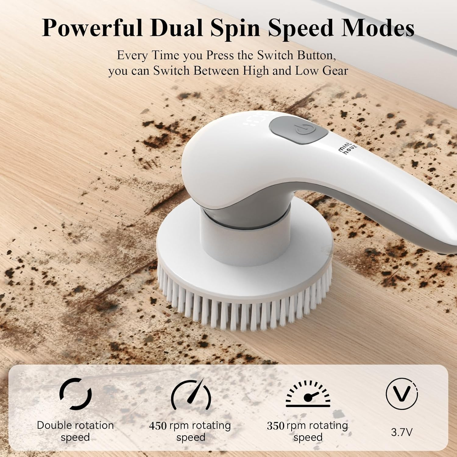Minthouz Electric Spin Scrubber, Bathroom Cleaner with 6 Replaceable Brush Heads & 2 Adjustable Speeds, IP67 Waterproof Shower Cleaner,Handle Cleaning Brush for Tub Tile Floor Kitchen Bathroom