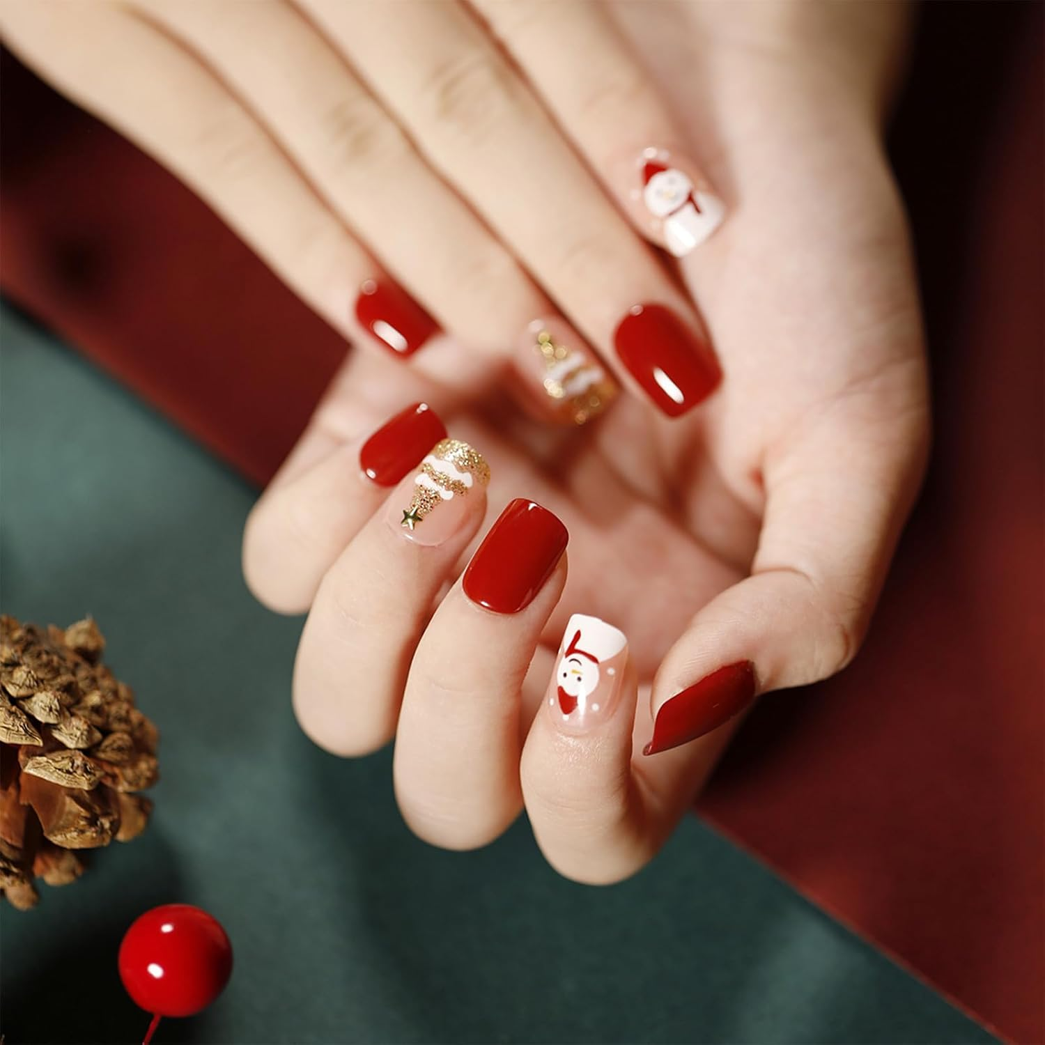 24PCS Christmas Press on Nails Xmas Short Fake Nails Cute Fingernails with Snowman and Christmas Tree Pattern Design Glossy Acrylic Nails for Women or Girls image number 3