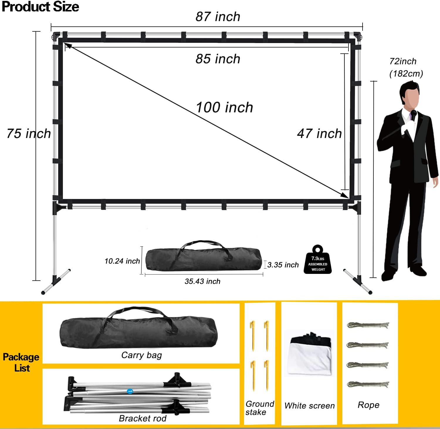 Projector Screen with Stand 100 Inch Outdoor Indoor Projector Screen 16:9 4K HD Portable Rear Front Projection Movie Screen with Carry Bag for Home Theater Backyard Movie Night