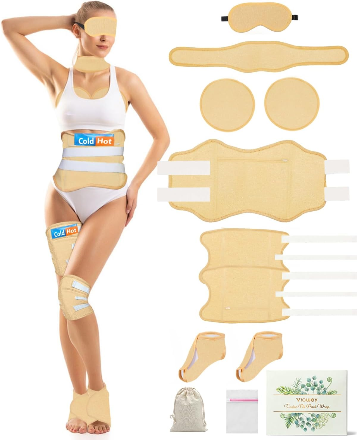 11 PCS Organic Castor Oil Pack Wrap Flannel Cotton, Castor Oil Wraps for Entire Body, Castor Oil Pads Set for Eyes Breast Waist Knees Legs Feet, Adjustable Straps, Reusable,Machine Washable (Khaki) image number 6