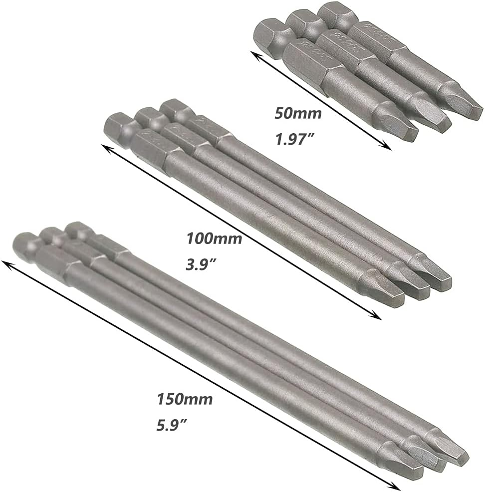 Saipe Set of 9 Pieces Magnetic SQ2 Square Head Screwdriver Bits 1/4 Inch Hex Shank Square Drive Bit Security Electric Screw Driver Drill Bit for Electric Hand Screwdrivers, 50/100/150Mm Length image number 5