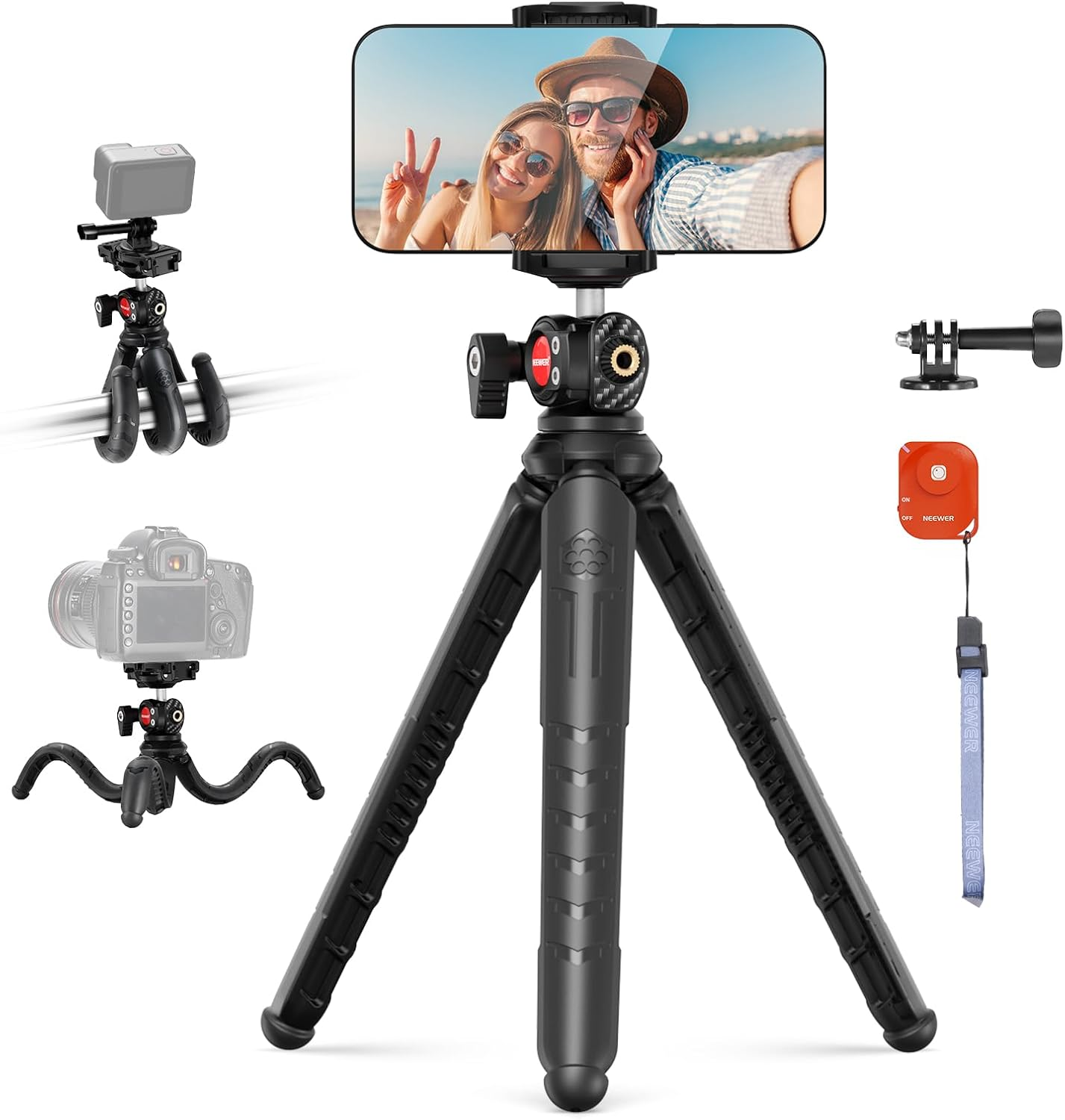 NEEWER Flexible Tripod with Remote,Mini Phone Tripod Stand Vlog Selfie Stick with Hidden Phone Holder & Action Camera Adapter Universal Compatible with Iphone Gopro Hero13 12 11 10 Samsung Camera,Tp35