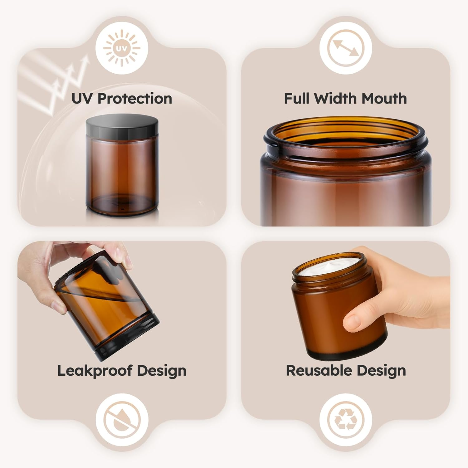 8 Oz Amber Glass Jars with Lids, 12 Pack Amber Small Glass Jars with Black Lids, Lotion Container Empty Cosmetic Travel Containers for Sample, Cream, Lotion, Honey, Powder image number 1