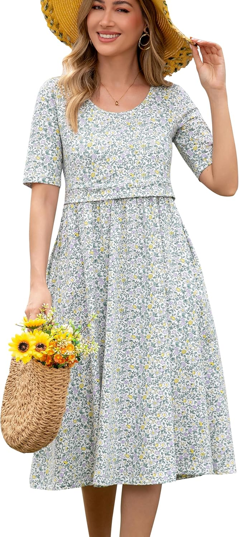 Women'S Nursing Dresses Breastfeeding Comfortable Cotton Midi Breastfeeding Dress with Pockets