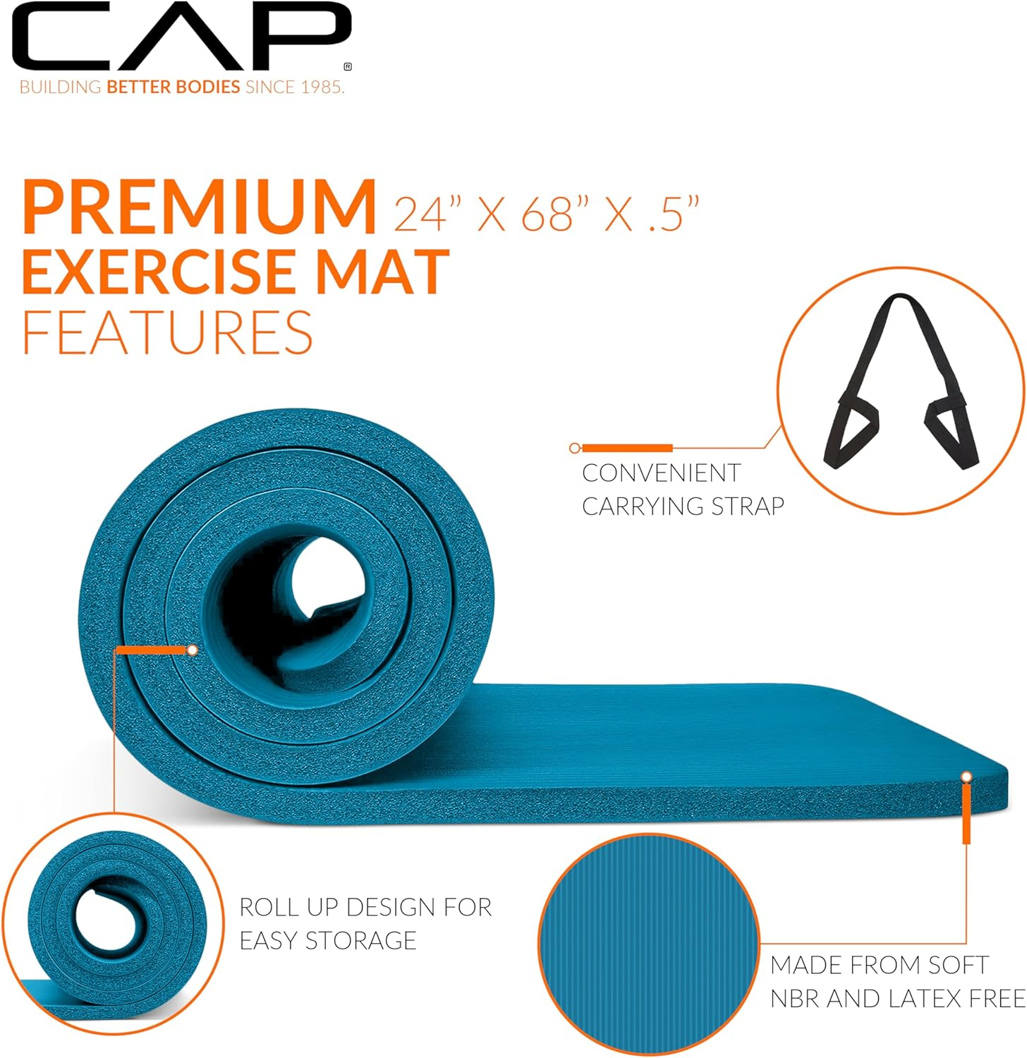 CAP Barbell 1/2-Inch High Density Exercise Yoga Mat with Strap | Multiple Options - Teal image number 4