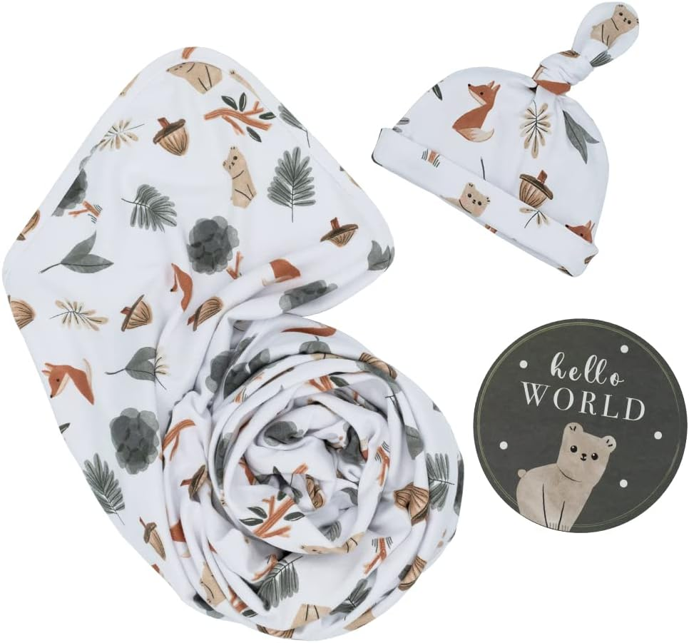 Living Textiles Hello World Newborn Gift Set &ndash; Forest Retreat |Premium Fabric for Baby'S Best Comfort, 3-Piece Set: Swaddle, Beanie & Birth Announcement Card | 100% Cotton Jersey & Machine Washable