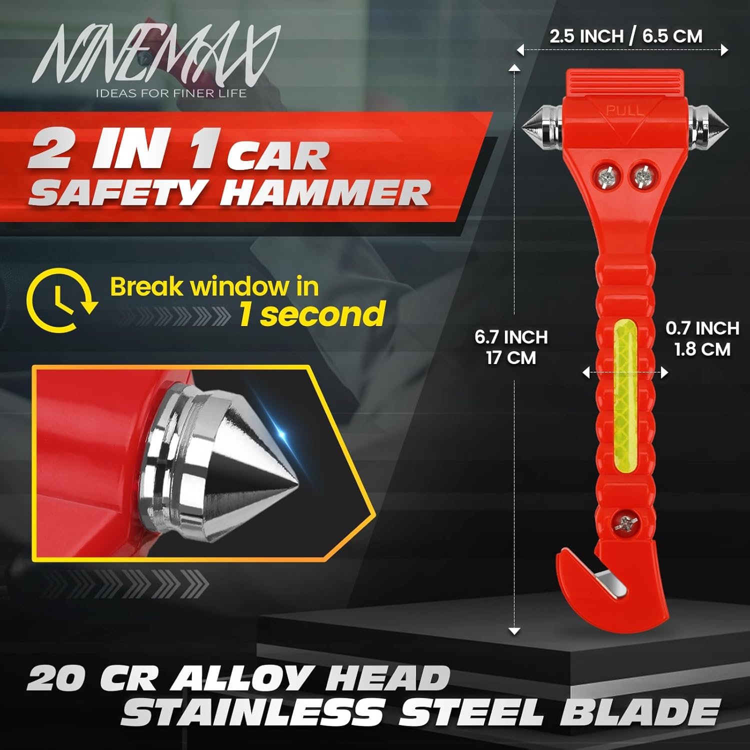 NINEMAX Car Window Breaker Seatbelt Cutter, Pack of 2 Car Safety Hammer Glass Breaker 2 in 1, Vehicle Escape Emergency Rescue Tool Window Punch Tool with Mount image number 2