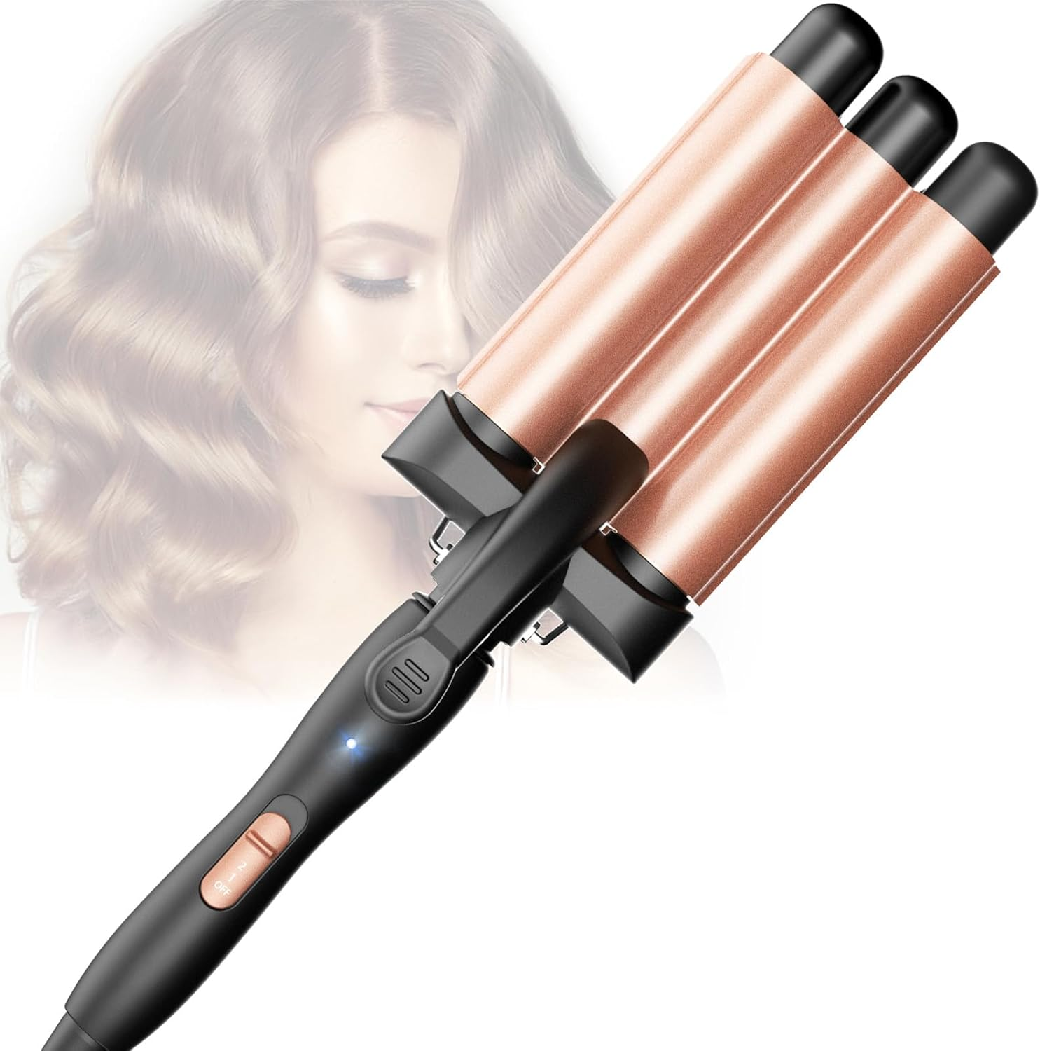 3 Barrels Beach Waves Curling Iron - Ceramic Curler 3 Wavy Head, 2 Temperatures, Fast Heating Waffle Wavy Hair, Suitable for Long and Short Hair, Pink