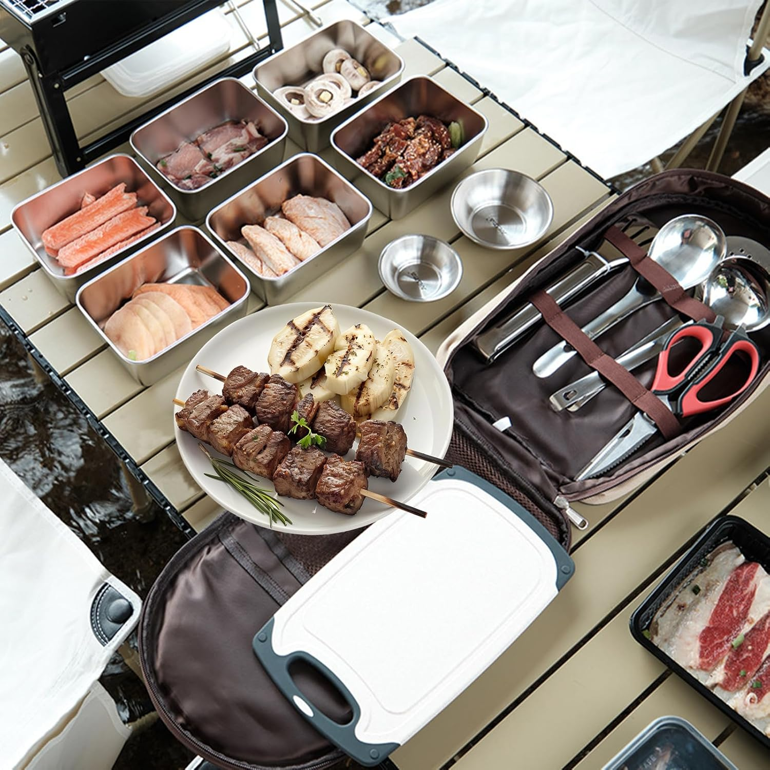 8Piece Camping Cookware Travel Set with Storage Box ，Camping Kitchen Utensils Kit with Spoon, Scissors, Knife, Ladle, Cutting Board, Slotted Turner, Peeler, BBQ Tongs image number 3