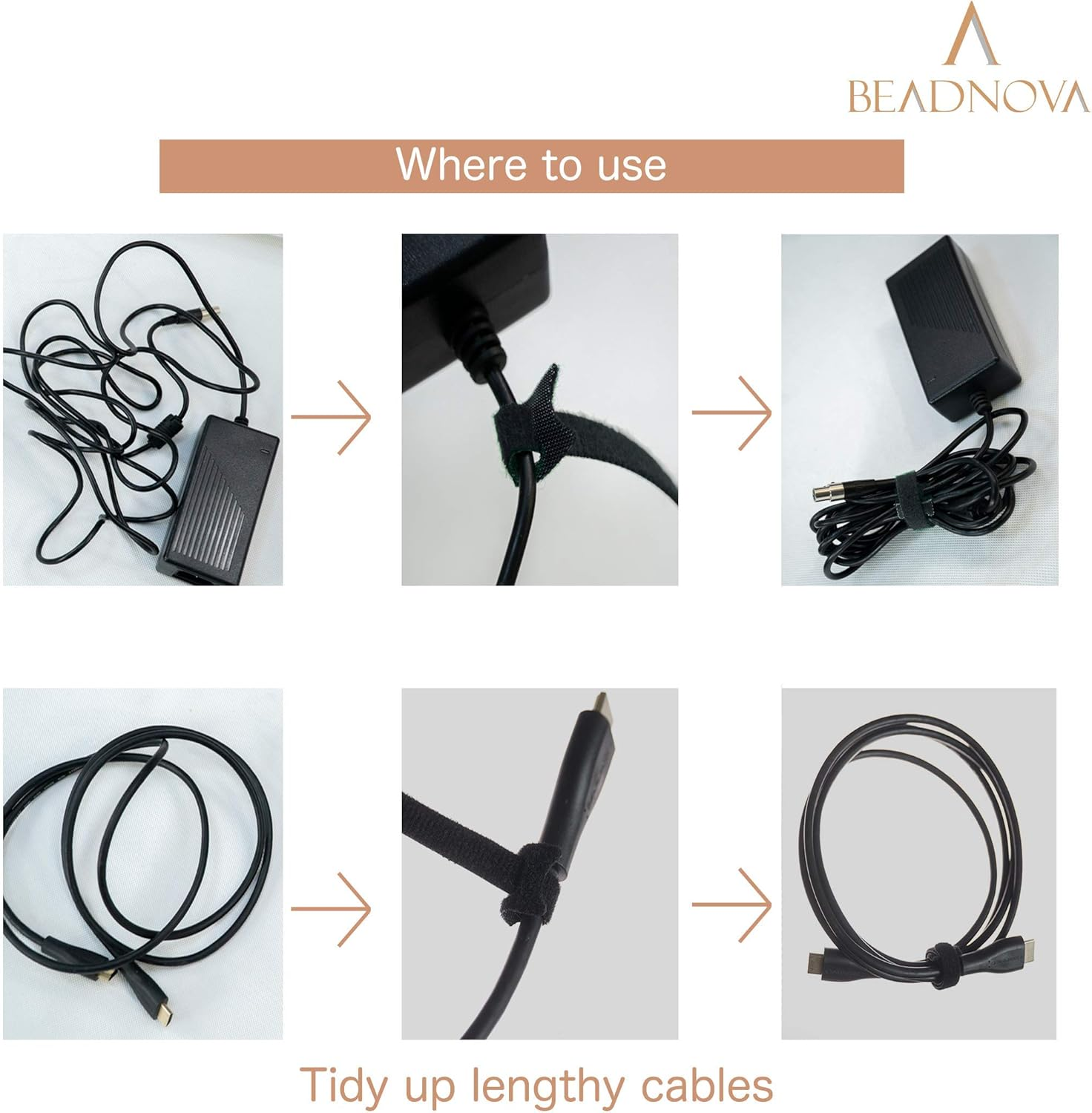 BEADNOVA Wire Organizer Cord Reusable Cable Ties Adjustable Rope Holder (8 Inches, 60 Pieces, Black) - 2)Black image number 4