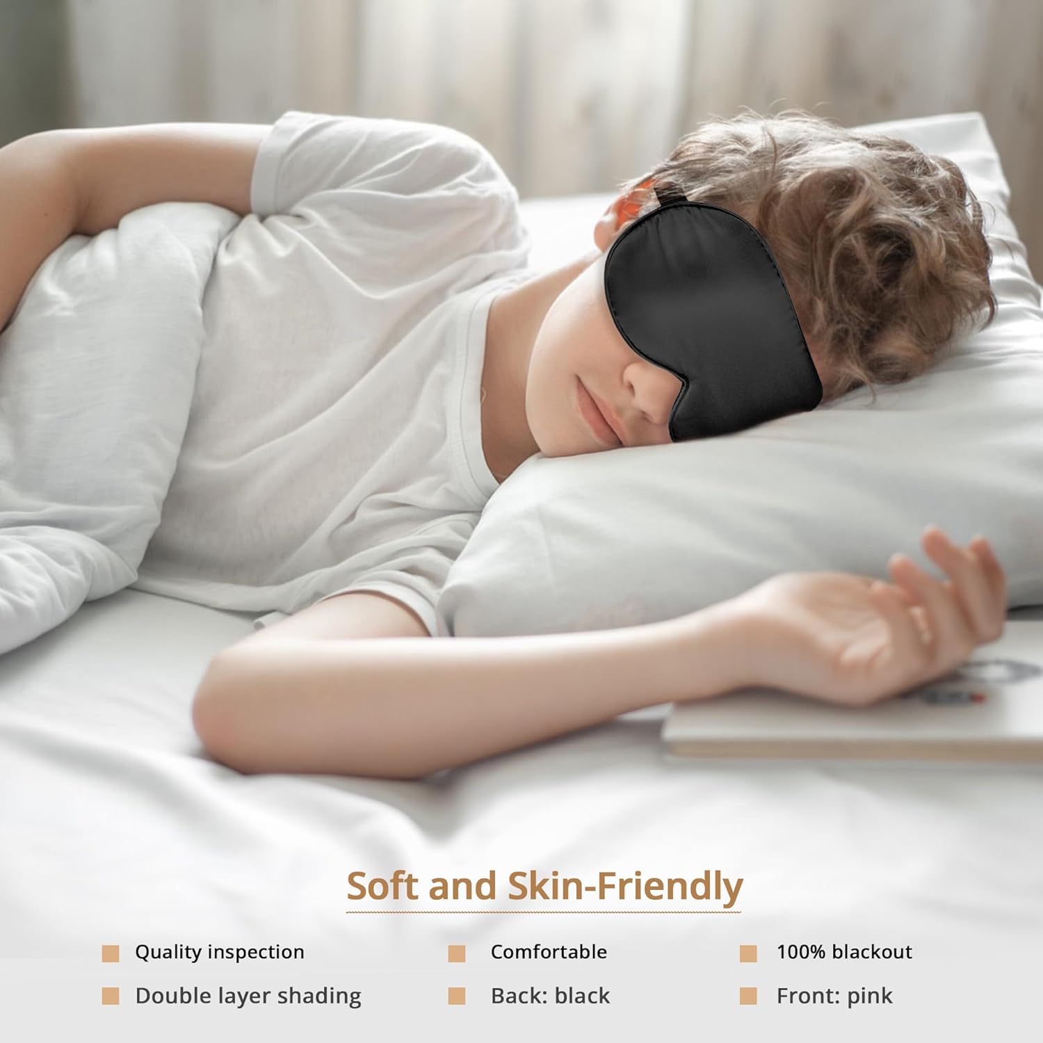 Kids Sleep Mask Eye Cover, 100% Real Natural Pure Silk Eye Mask with Adjustable Strap, Blindfold Kids Eye Mask for Sleeping, Eye Shade for Boys Girls and Adult, Pressure-Free Comfort (Black) image number 3