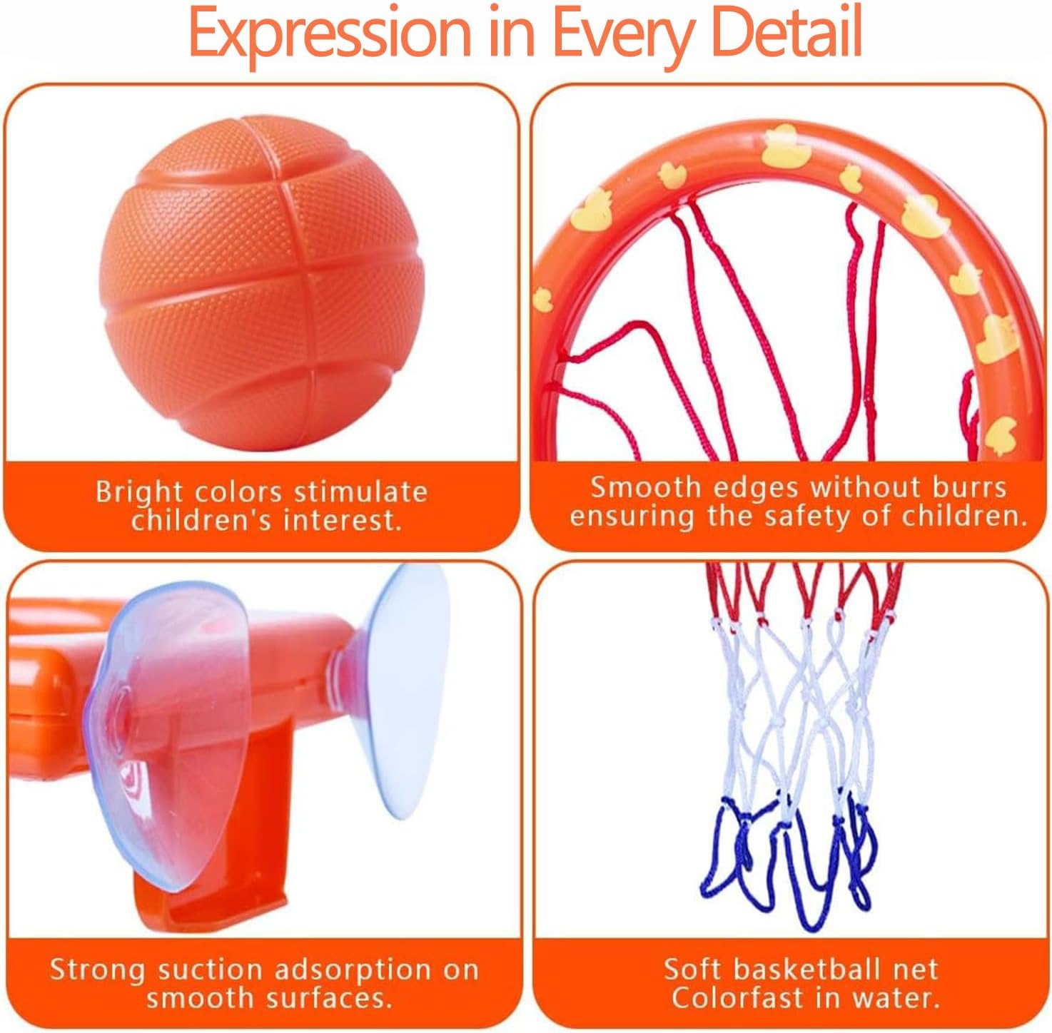 WADY Basketball Hoop Balls for Bathroom, Bathing Toy Bathtub Basketball Hoop, Suitable for Children, There Are Fun Game Gifts in the Bathroom, Suction Cup Basketball Hoop with 5 Ball (Orange Duck) image number 6