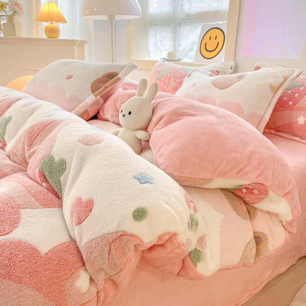 Pink Strawberry Duvet Cover Set Fluffy Duvet Cover Kawaii Cartoon Comforter Cover Soft Kids Duvet Cover Queen Bedding Set (Strawberry, Queen) image number 6