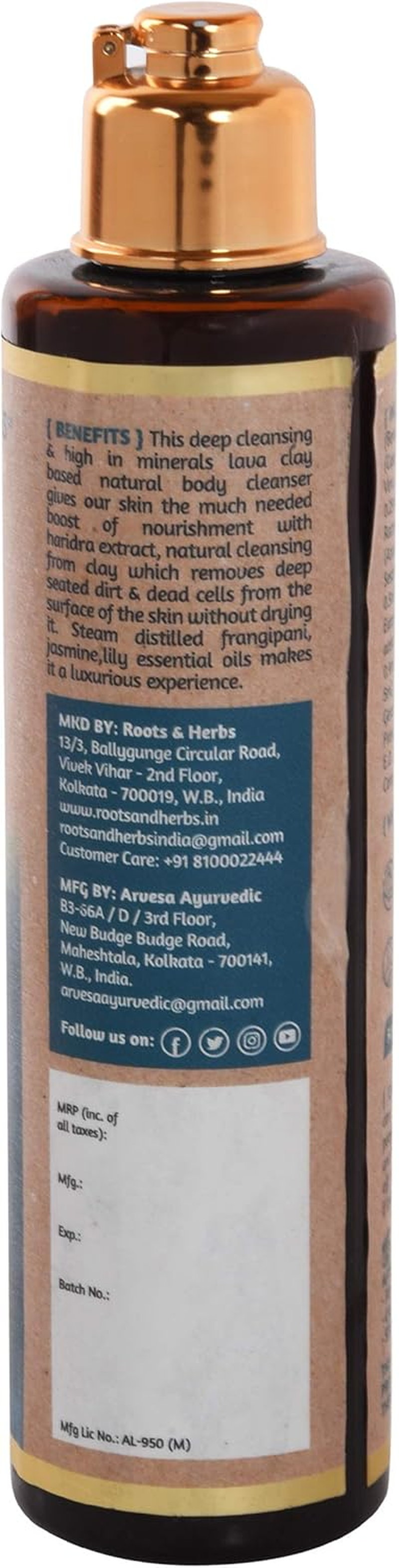 ROOTS & HERBS Ayurvedic Natural Treatment Foaming Body Cleanser (Volcanic Lava Clay & Haridra) Natural Ingredients 100% Vegan, No Parabens, Deep Cleansing, Exfoliation, and Nourishment 6.76Oz/(200 Ml) image number 3