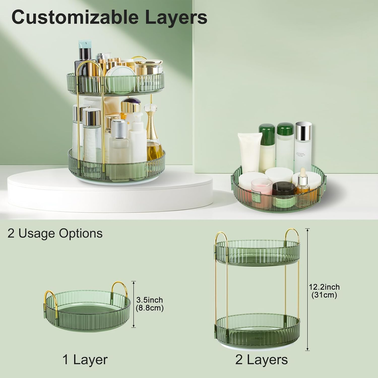 360 Rotating Makeup Organizer for Vanity, 2 Tier Perfume Skincare Organizers and Storage for Bathroom Countertop, Large Capacity Clear Spinning Counter Cosmetic Holder for Dresser, Green image number 6