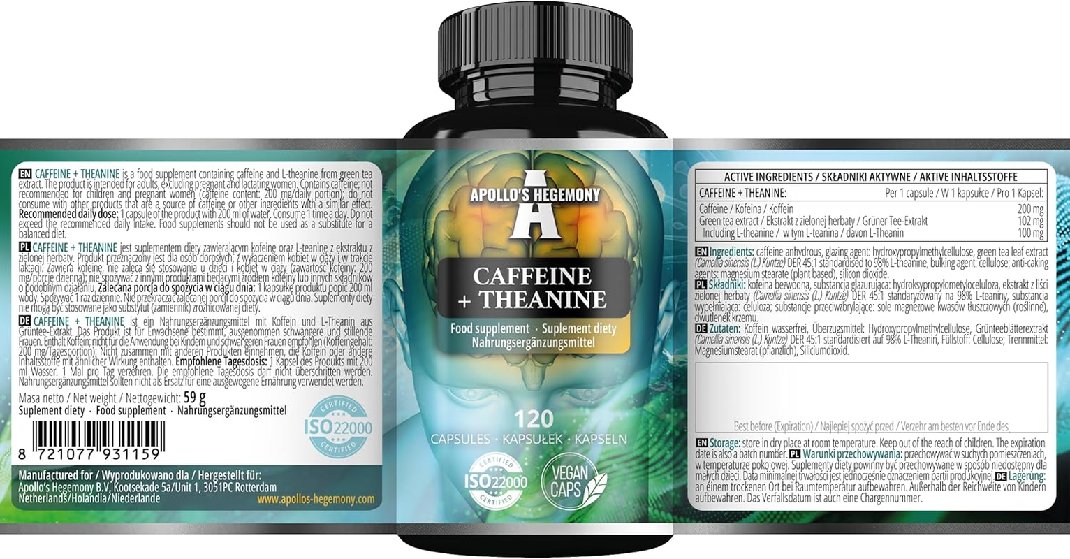 Caffeine + Theanine 300Mg per Capsule, Caffeine Anhydrous and Green Tea Extract 98%, 120 Vegan Capsules, 4 Months Supply, Supplement for Enhanced Focus and Energy - by Apollo'S Hegemony image number 4