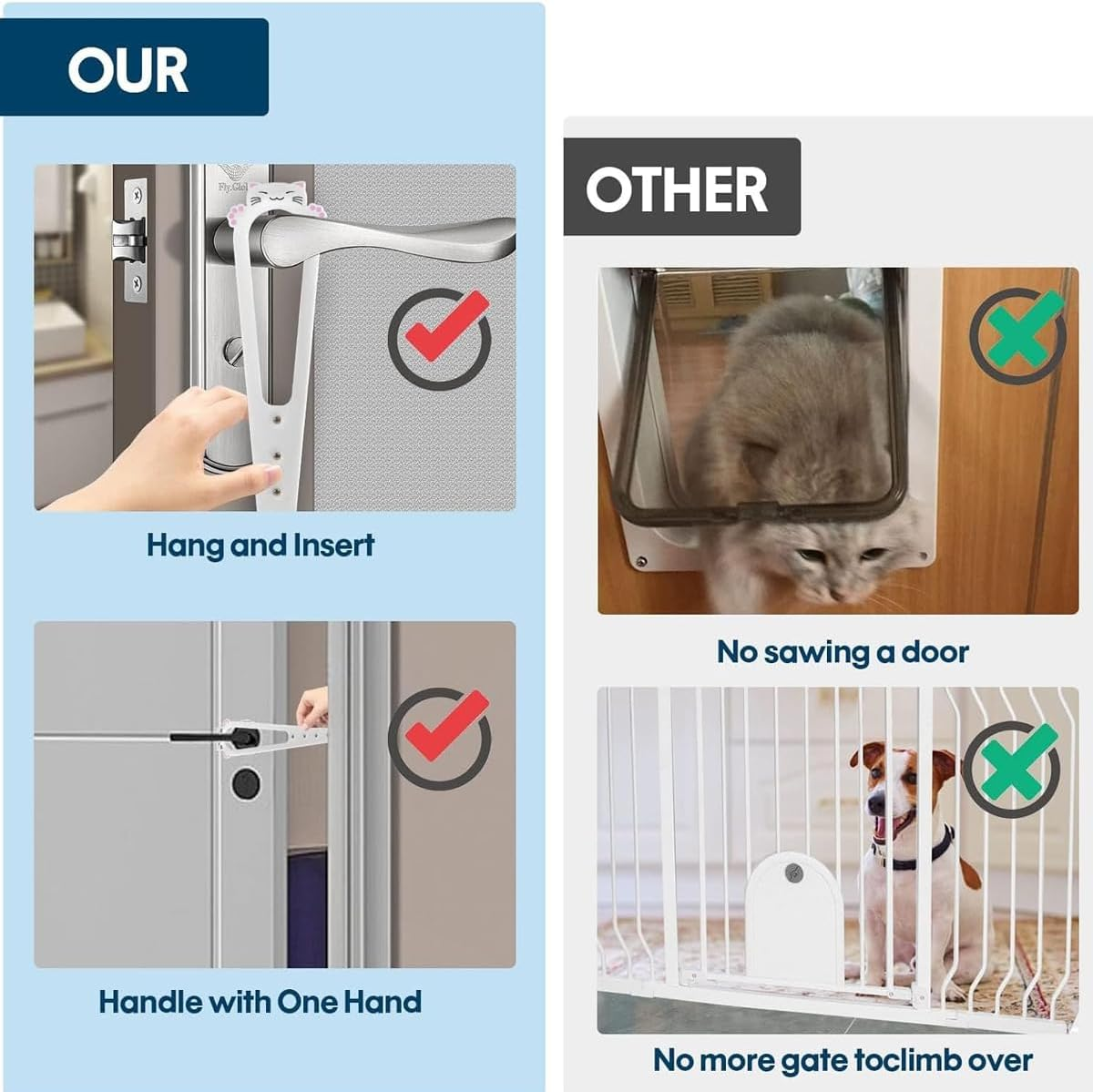2 PCS Adjustable Pet Door Latch, Room Door Lock to Prevent Dogs from Entering, Easy Installation Cat Door Stopper with Elastic Strap, Allows Cats Free Access, Durable and Damage-Free Design