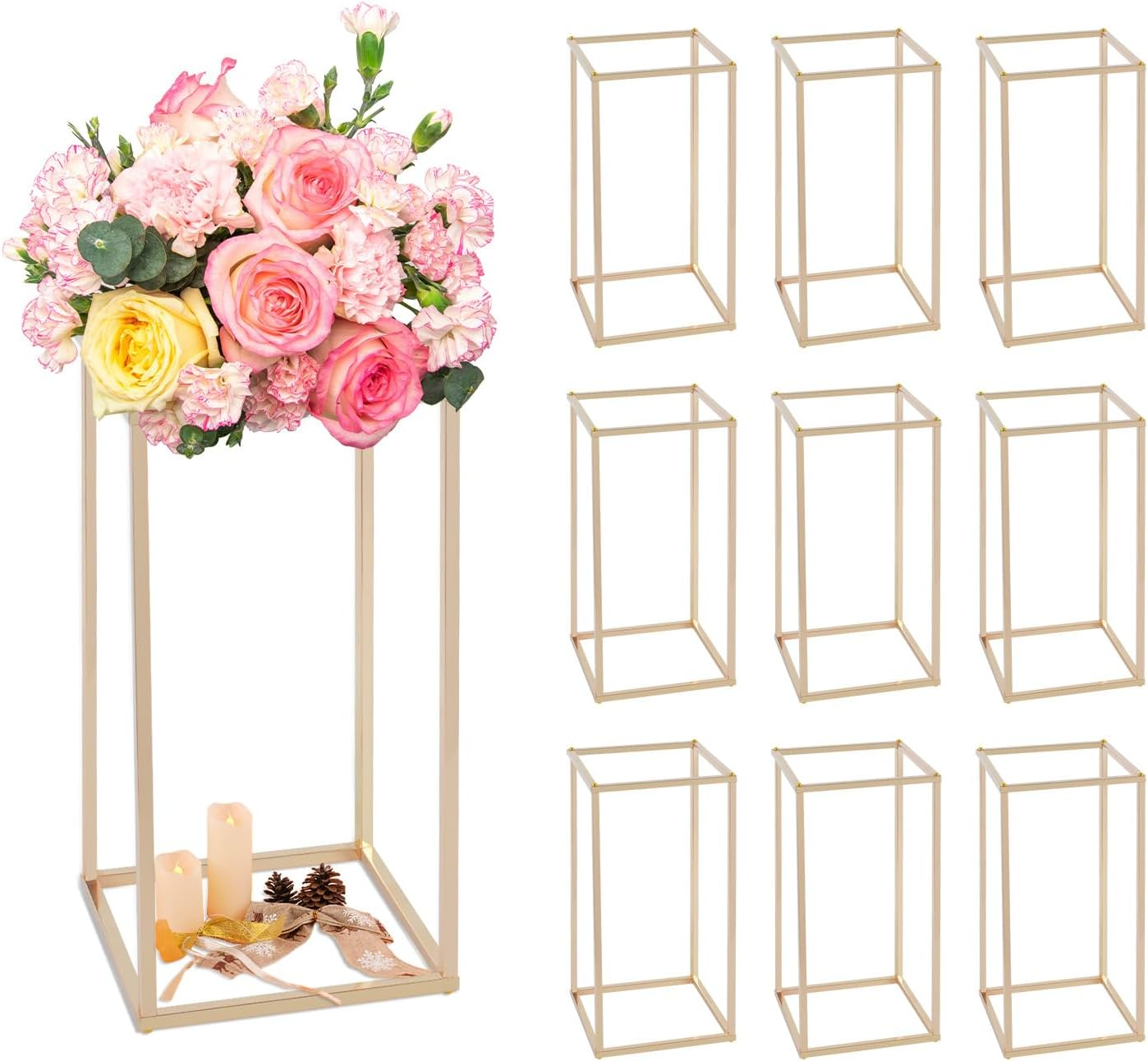 SOCROTO 10PCS Column Vases,Metal Flower Floor Vase,16In Tall Wedding Centerpieces for Tables,Gold Geometric Centerpiece Vase for Wedding,Party,Festival,Home Decorations, Events Reception image number 4