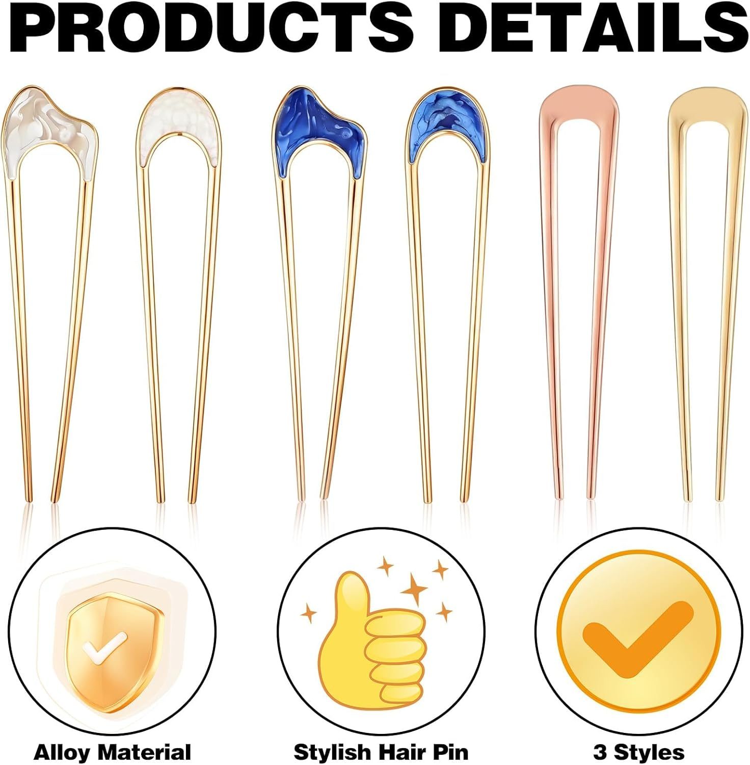 6 Pcs U French Hair Pins Women Metal for Hair Bun U Shaped French Twist Pin Gold Blue Thick Thin Chignon Hairstyles Accessories Classical Sticks for Women Girls Holiday Gifts Wedding Updo Top Knots image number 4