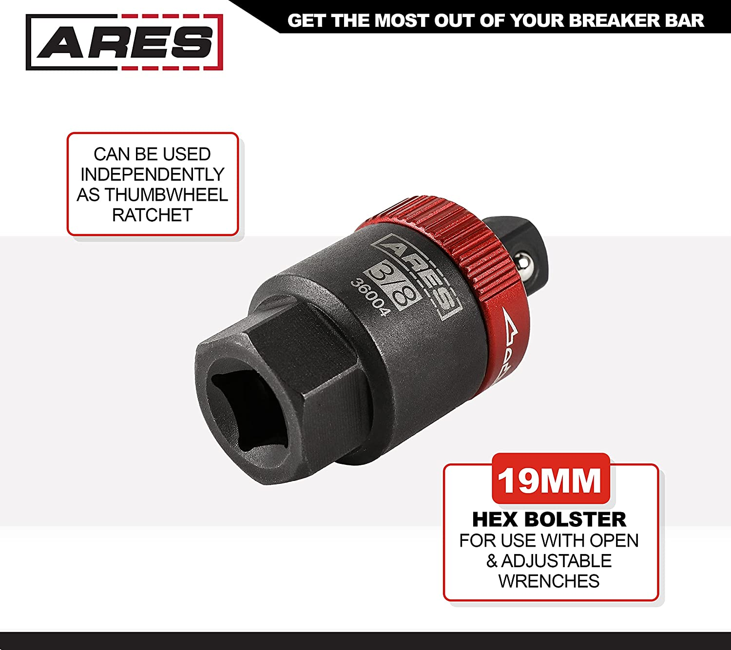 ARES 36004-3/8-Inch Drive Ratcheting Breaker Bar Adapter - Converts Breaker Bar or Sliding T-Handle into Ratchet - Reversible Ratcheting Mechanism with Anodized Switch Collar image number 2