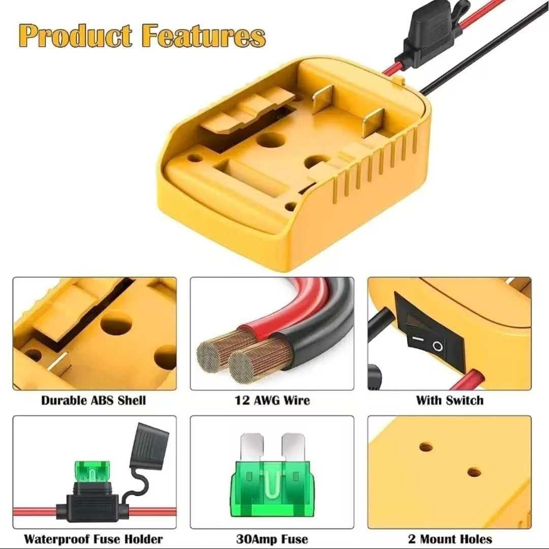 Power Wheels Adapter for Dewalt 20V MAX Battery with Switch & Fuse Protection 12AWG Wire, Inline Fuse Holder, 3&times;30A Fuses, Wire Connector Power for DIY RC Cars, Trucks and Toys DW image number 1