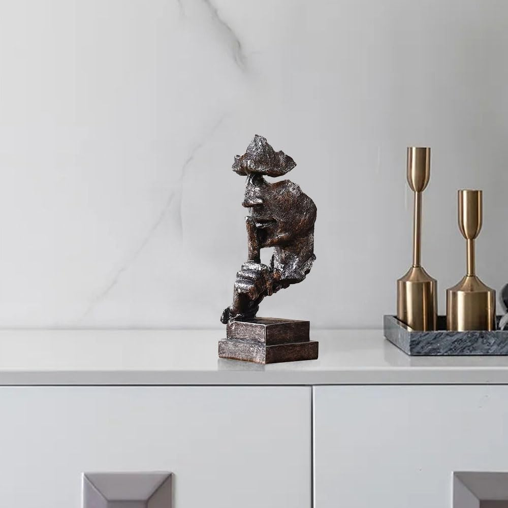 Silence Is Gold Thinker Statue - 13.5 Inches Modern Abstract Sculpture Art, Minimalist Desk Decor for Office & Home, Creative Study/Bedroom Modern Abstract Sculpture Art for Desk Decor - Ancient Silver image number 3