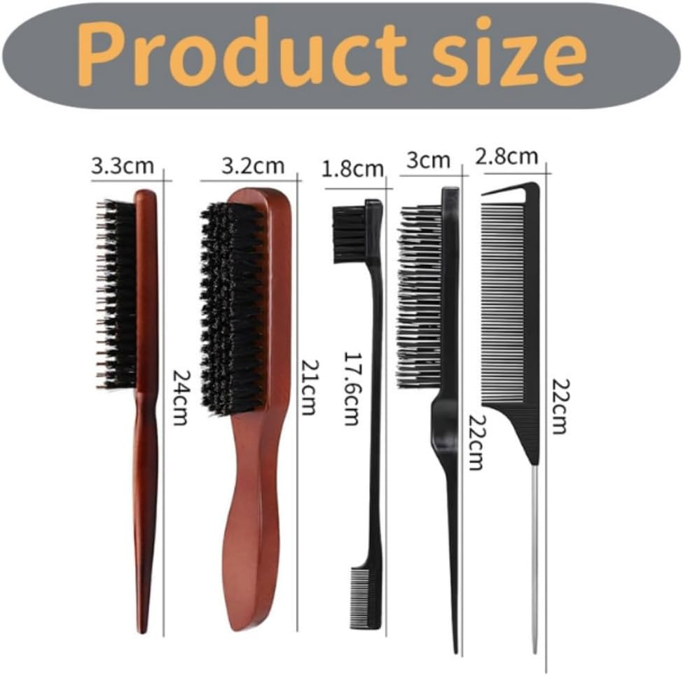 Jindizi Boar Bristle Hair Brush Set, 5Pcs - Slick Back, Teasing, Quiff Roller, Anti-Static, Black image number 5