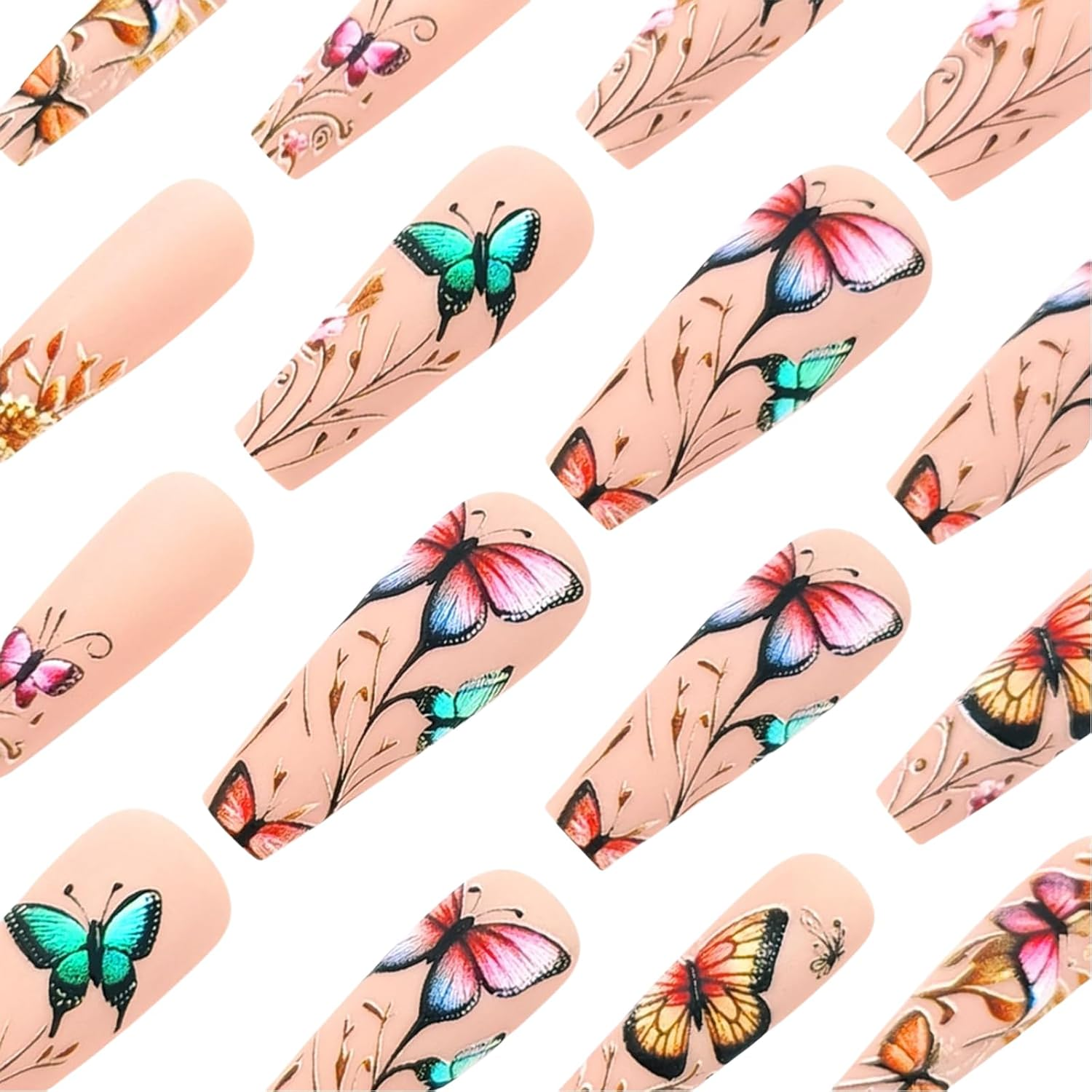 TELAIN Spring Butterfly Flower Press-On Nails Extra Long Ballerina False Nails Matte Square Acrylic Full Cover Plastic Glue Nails for Women Girls DIY Nail Design image number 5