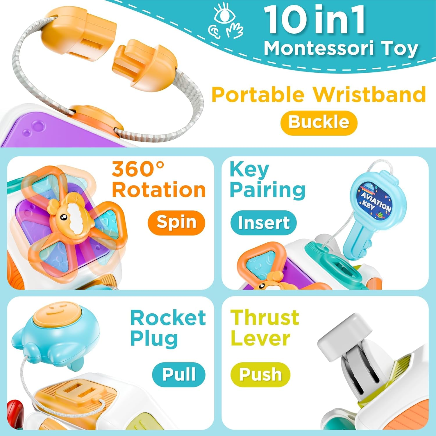 10 in 1 Baby Busy Board Cube, Montessori Sensory Toy Toddler 1-3, Infant Carseat Plane Travel, Kid Education Learning Activity, Birthday Gift 6 9 10 12 18 Month 1 2 Year Old Boy Girl image number 6