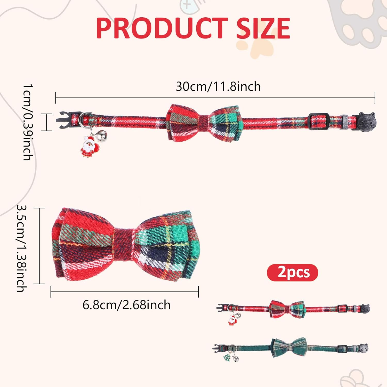 Prasacco Pack of 2 Christmas Cat Collars, 30 X 1 Cm, Adjustable Kitten Collar, Cute Cat Collar with Santa Claus, Christmas Tree, Small Bow and Bell (Green, Red) image number 6