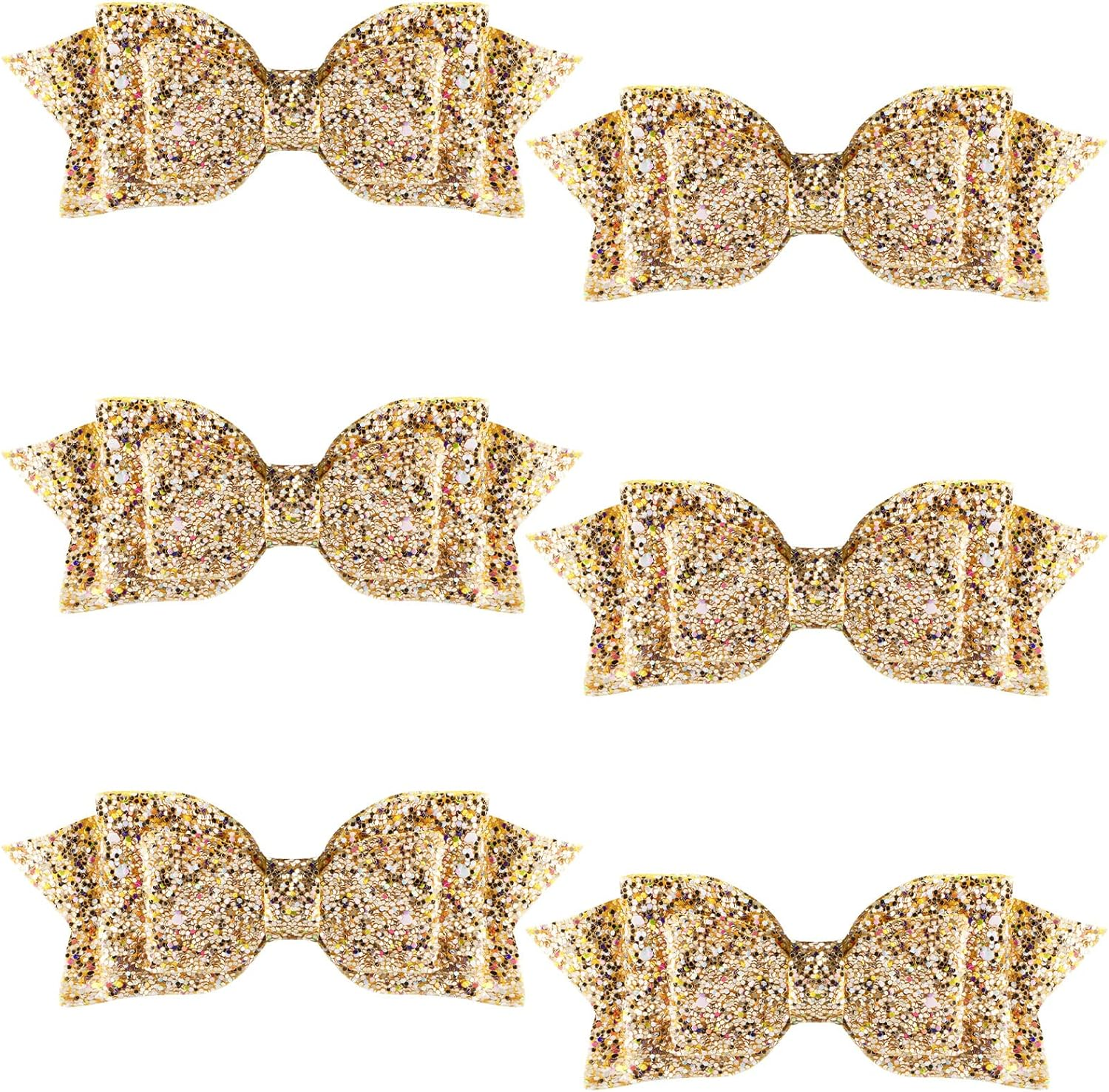 6 Pcs 5 Inch Glitter Sequin Boutique Hair Clips - Sparkly Bowed Accessories for Baby, Toddler, Teen Girls (Gold) image number 3