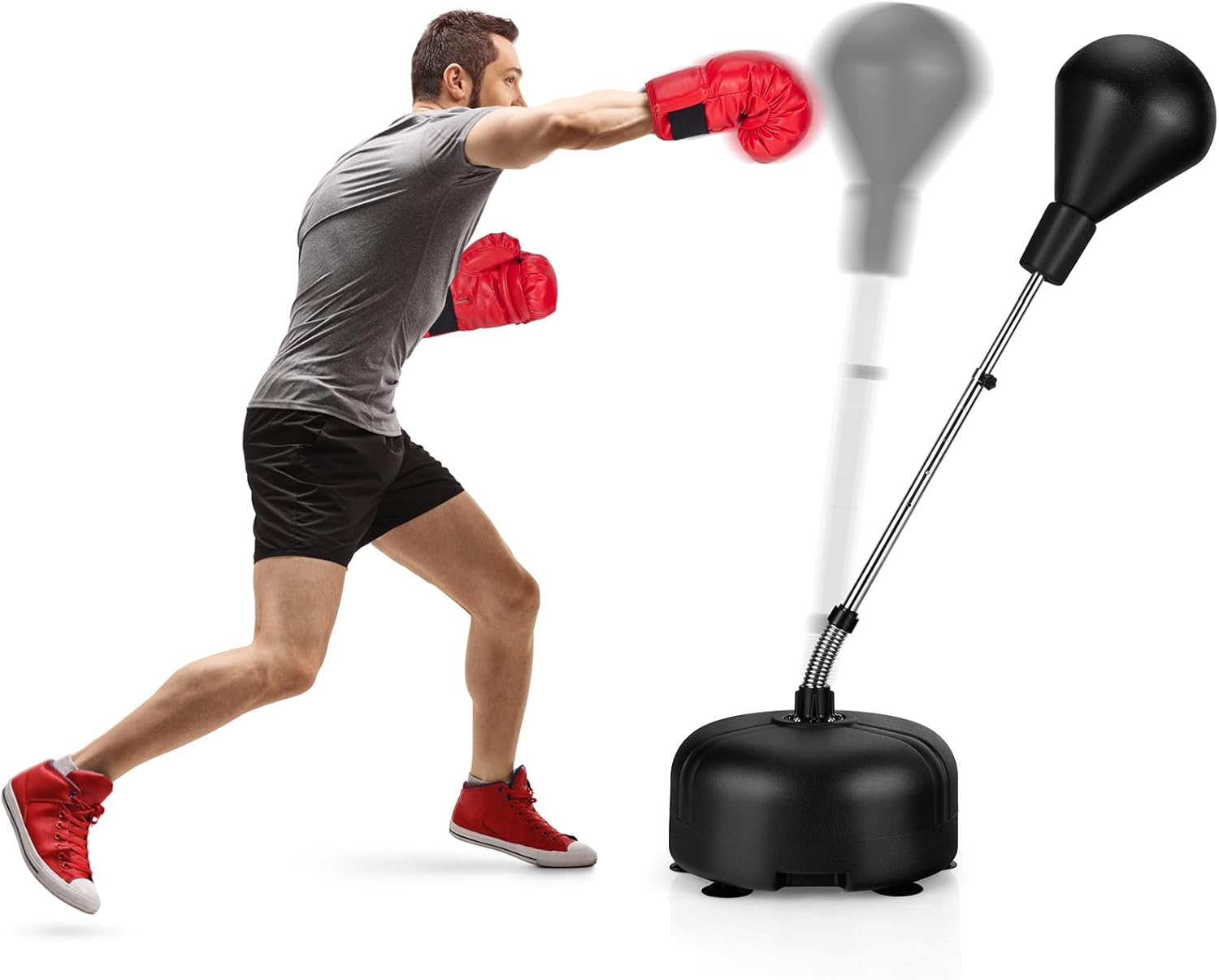 Costway Punching Bag with Stand, Speed Bag for Adults Kids, 4-Position Adjustable Height Setting, Stable Suction Cups, Integrated PU, Breathable Boxing Gloves, Easy to Transport, Reflex Bag for Home