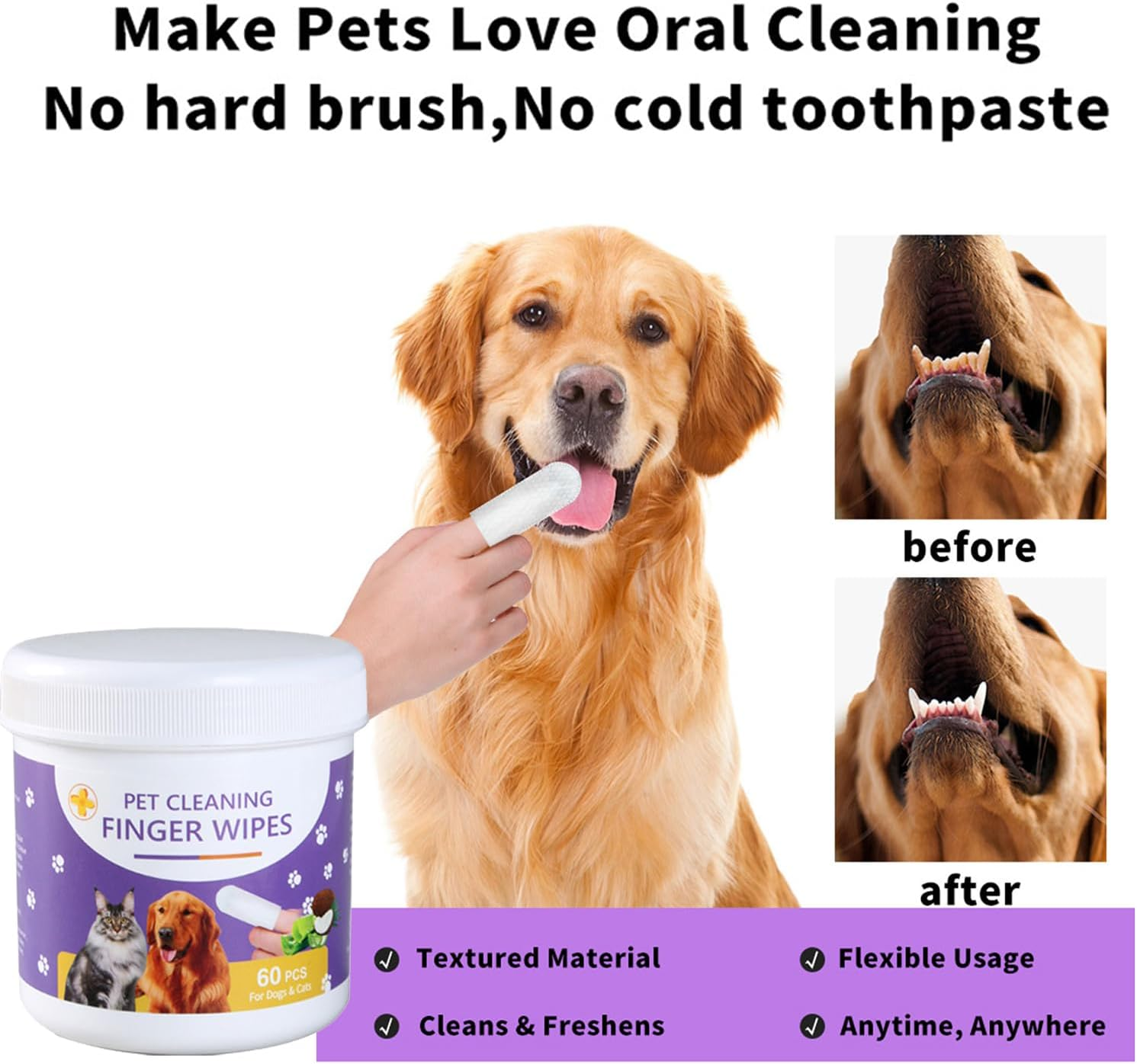 Mumoo Bear 60 Count Ear Teeth Wipes for Dogs and Cats, Pet Ear Cleaner Wipes Pet Dental Care Finger Pads for Fresh Breath & Oral, Soothing Cleansing,Odor Removal,Natural Plant Extracts (Pack of 2) image number 5