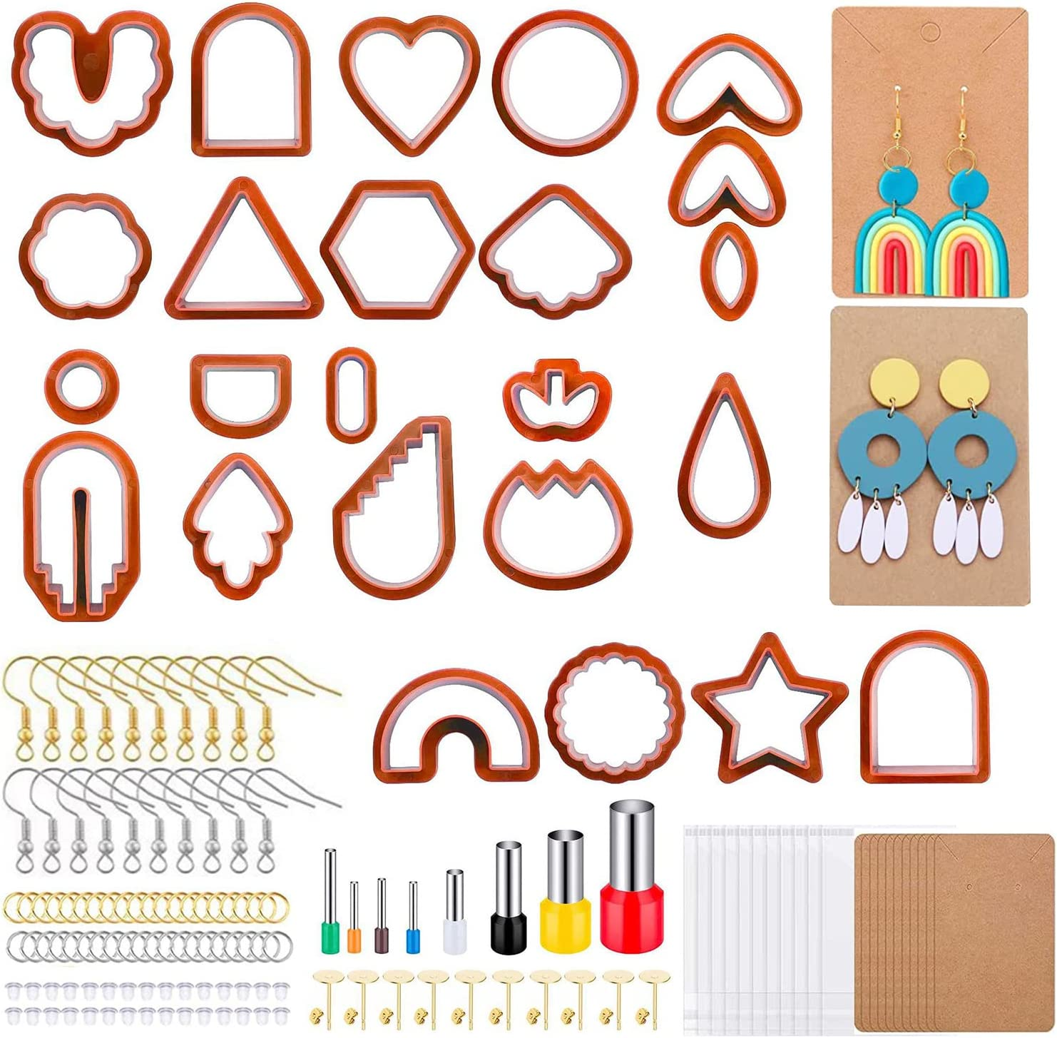 Taicols 142 Pcs Polymer Clay Cutters, Clay Cutters Set, Multi Shapes Clay Polymer Earring Cutters with Earring Studs and Hooks, DIY Polymer Clay Plastic Jewelry Earrings Making (Rust Red)