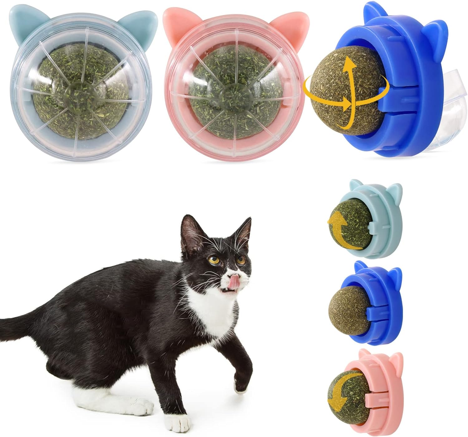 3 Catnip Balls, 360 &deg; Rotatable Cat Wall Snacks, Edible Interactive Cat Toys, Kitten Chew Treats for Cleaning Teeth image number 5