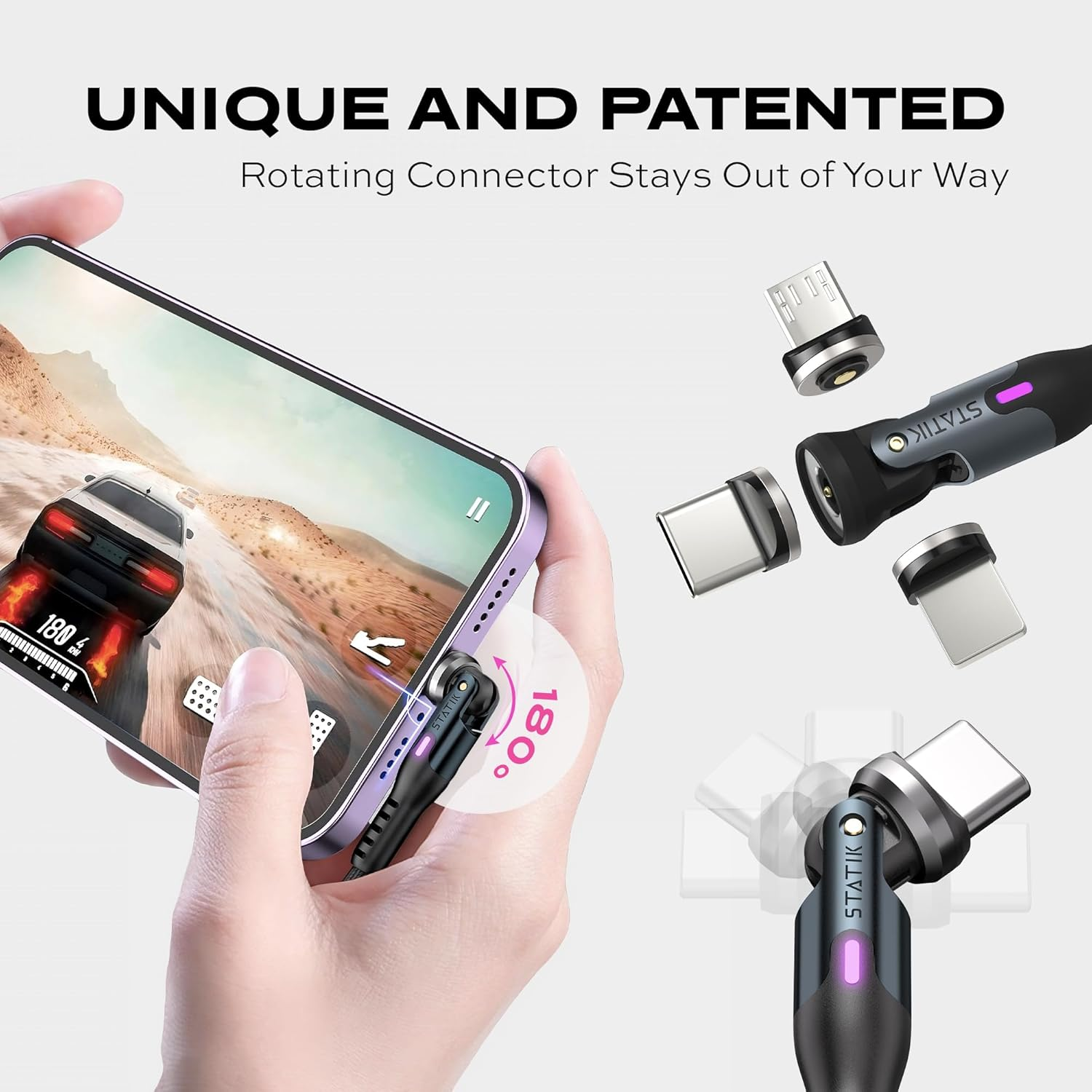 STATIK 360 Magnetic Phone Charger | Magnetic USB C Charging Cable | 3-In-1 Magnetic Charger Cable for All Devices | Iproduct, Micro-Usb, USB-A & USB C Magnetic Charging Cable | Black, 6FT/2M